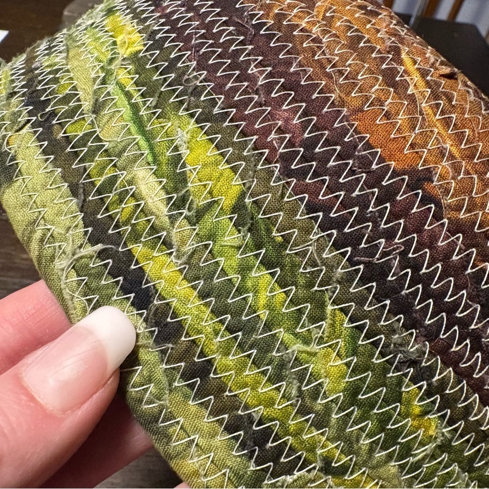 Fabric Wrapped Rope Basket Green And Brown 10” Handmade Earthy Boho Storage Tray - Picture 7 of 9